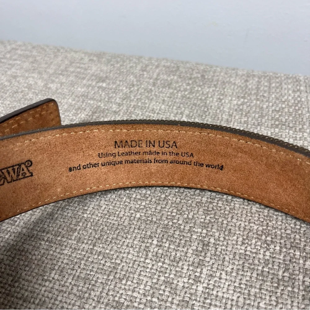 Chippewa Western Cowboy Olive Green Nylon Brown Leather Belt Brass Men’s Size 42